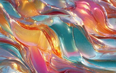 Obraz premium Abstract rendering of swirling, iridescent textures, shifting between gold, pink, blue, and teal hues