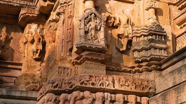 intricate carvings and Beautiful stone sculptures at the temple, within the Sahastra Bahu(SasBahu) Temple at Gwalior Fort, Asia its an a UNESCO World Heritage Site