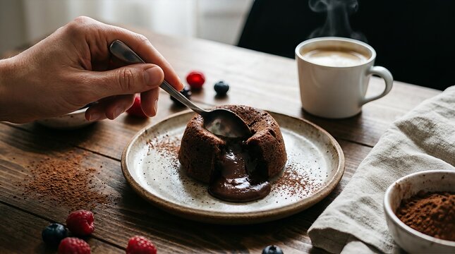 Closeup of a hand scooping into a delicious chocolate lava cake with a spoon served on a rustic wooden table alongside a cup of coffee and fresh berries. - Powered by Adobe