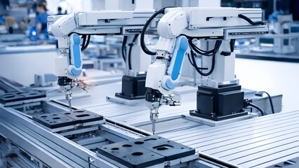 Robotic arm pick-and-place system for an electronic assembly line, used in smart technology manufacturing.