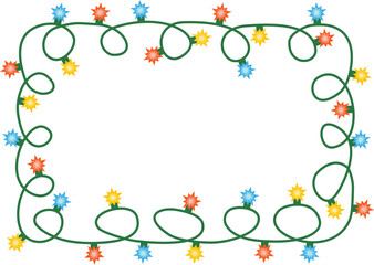 Christmas light garland frame with colorful star shaped bulbs on green wire, festive holiday border, vector illustration.
