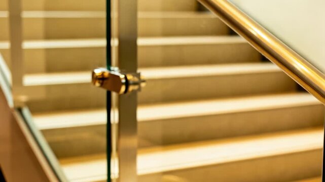 Closeup medium shot of postmounted glass railings being secured on a staircase highlighting sturdy metal brackets and precise alignment.