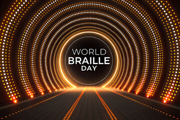 Futuristic World Braille Day Concept with Glowing Dot Tunnel and Digital Accessibility Background