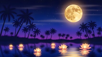 Serene tropical night scene with glowing lotus flowers floating beneath a brilliant full moon and palm trees