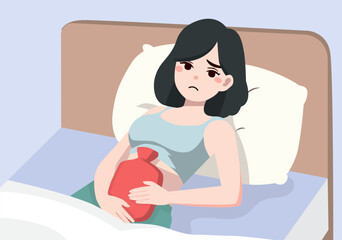 Illustration Young Woman Suffering from Menstrual Cramps or Stomach Ache