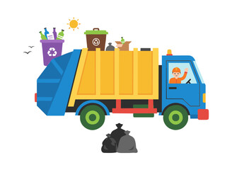 Naklejka premium Garbage truck with driver collecting waste for recycling
