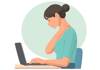 Illustration Woman Suffering from Neck Pain while Working on Laptop