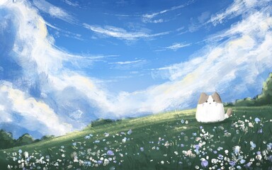 White Cat on Pastel Meadow Hills under Bright Sky
