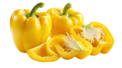 Two piles of fresh yellow bell peppers whole pepper with shiny skin on transparent background
