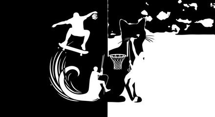 Dynamic duo fuses extreme sports action with playful feline charm in striking black and white contrast art © Teh