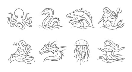 Monochrome sea creatures: octopus, serpents, dragon, mermaids, jellyfish