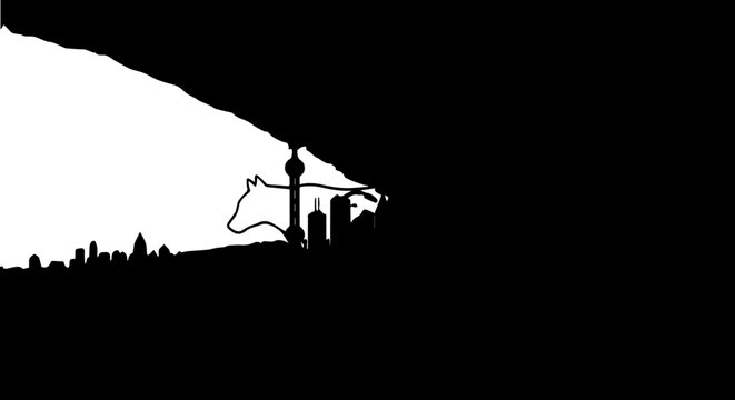 Bold graphic silhouette of a leaping bull against a stark urban skyline, embodying raw power and ambition for dynamic branding and impactful visuals.