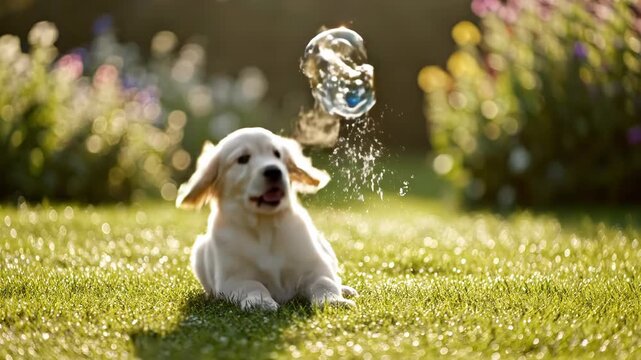 Happy puppy plays with bubbles in a beautiful garden filled with flowers during golden hour in the warm sunshine Generative AI