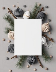 White Christmas Card Mockup with Minimalist Grey and Beige Paper Ornaments