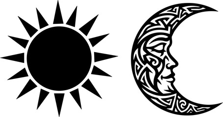 Dynamic sun and stylized moon face symbols creating a striking contrast, perfect for representing duality, day and night, or celestial themes in design projects. © tehniyat