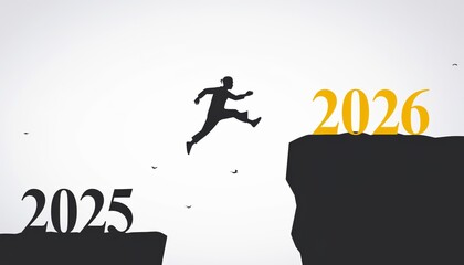 Modern Happy New Year 2026 Illustration with Silhouette Man Jumping Between Rocks