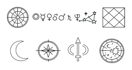 Astrology symbols and zodiac constellations on grayscale background
