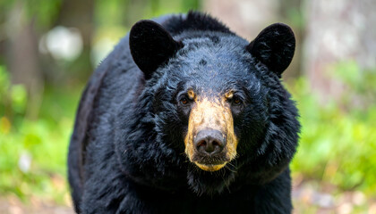 Fototapeta premium Close-up portrait of a black bear with a golden-toned muzzle in a natural forest setting, highlighting strength, calm awareness, and wildlife beauty. Ideal for nature, conservation, and animal themes.