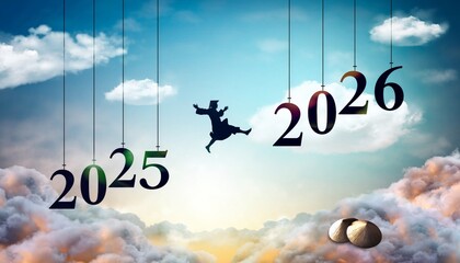 Surreal New Year 2026 Concept of Silhouette Man Jumping Between Giant Floating Doorways
