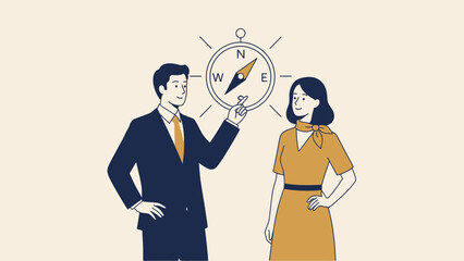 business professionals discussing strategy with a compass symbol in a modern illustration