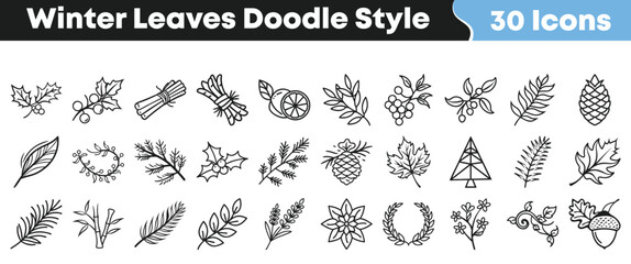 Thirty charming winter and nature themed hand drawn doodle style icons featuring various leaves berries pinecones and seasonal foliage on transparent background © Vectoravec