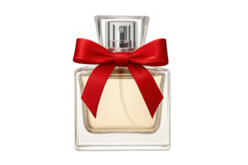 Perfume bottle with red bow for gift concept