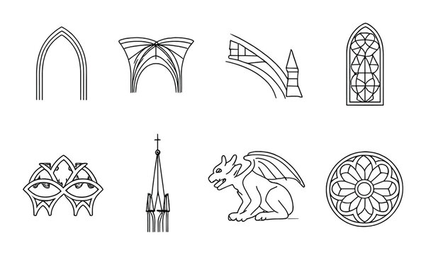 Gothic architecture icons featuring gargoyle and stained glass designs