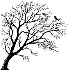 Silhouette of Leafless Tree with Bird &ndash; Black and White Nature Illustration