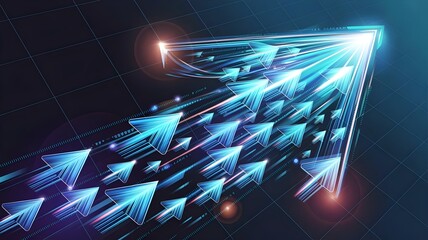 Luminous arrow formation of stacked cyan and blue data arrows – Great for technology marketing, progress reports, or data flow illustration.