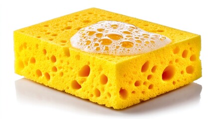 Yellow cleaning sponge with white soap suds