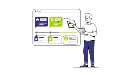 illustration of a young man managing digital interface with charts and data visualization on a