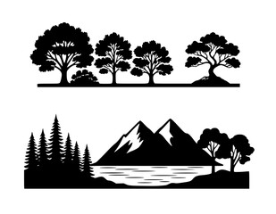 Bold Minimalist Forest Silhouette Treeline. Black and White Flat Design Pine Tree Horizon for SVG Cutting Files, Woodland Branding, Nature Scenery Logo, and Modern Outdoor Wilderness Illustration