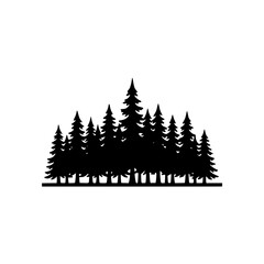 Obraz premium Bold Minimalist Forest Silhouette Treeline. Black and White Flat Design Pine Tree Horizon for SVG Cutting Files, Woodland Branding, Nature Scenery Logo, and Modern Outdoor Wilderness Illustration