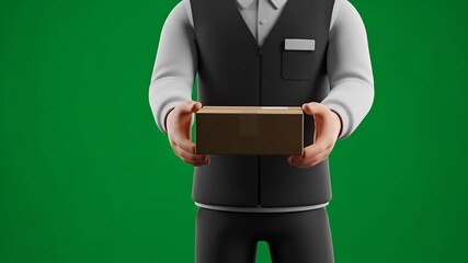 Animation of a delivery man holding a cardboard box in a seamless loop against a green screen