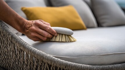 Medium shot showing the removal of dust and debris from a bright outdoor chair using a soft brush emphasizing routine cleaning to protect furniture surfaces and materials.
