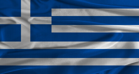 Flag of Greece with fabric textured background. Close up of National flag of Greece with realistic texture