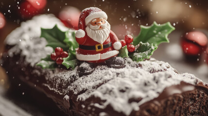 Close-up of a chocolate yule log cake decorated with a miniature Santa Claus figurine, holly leaves, and a dusting of powdered sugar to resemble snow
