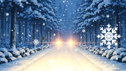 A serene christmas animated winter cityscape scene at dusk with snowflakes gently falling around the illuminated trees and road