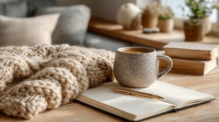 Cozy workspace arrangement, soft neutrals with a textured blanket, open notebook and mug on a wooden table, ideal for relaxation.