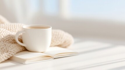 Cozy morning scene featuring a white cup on soft fabric, sunlight streaming through, inviting feel for tranquil moments.
