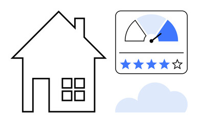 Fototapeta premium Home evaluation. Home evaluation by house outline and a rating scale with five stars. Home evaluation linked to property value, real estate market, cloud services, digital tools. Broad usage include