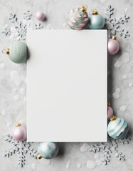 White Christmas Card Mockup with Pastel Pink and Blue Ornaments on Marble Background