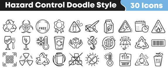 Collection of thirty doodle style shipping and hazard control icons representing packaging warnings and handling instructions on transparent background