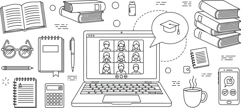 E learning setup with laptop video conference books calculator glasses pen coffee and mobile phone icons