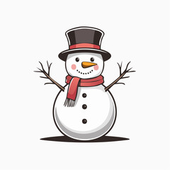 Cartoon snowman in a top hat and scarf on a white background