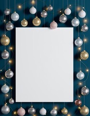 White Empty Christmas Card in Center with Hanging Baubles and Fairy Lights Border Warm Festive Glow