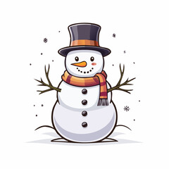 Cartoon snowman with top hat and scarf on white background