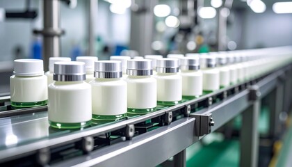 Pharmaceutical manufacturing setup showcasing rows of white, cylindrical bottles with silver caps traveling along a conveyor belt. The background displays a clean, sterile environment
