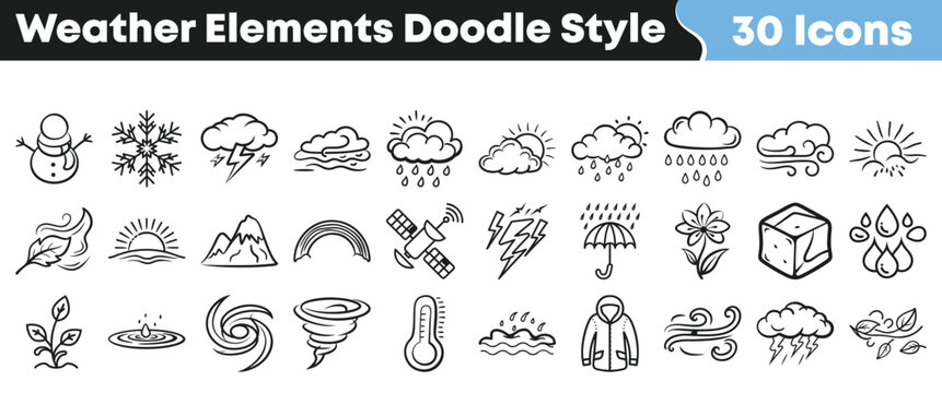 Thirty cute hand drawn doodle style weather icons including sun rain clouds lightning snowflake and atmospheric phenomena on transparent background