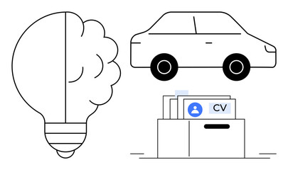 Innovation concept. Innovation illustrated with a brain lightbulb, a car symbol, and a resume folder. Innovation drives ideas, career advancements, and societal progress. For career growth, business